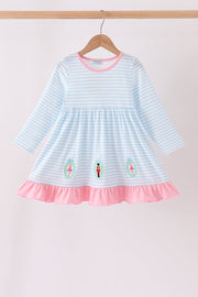 Blue Stripe Nutcracker Embroidery Ruffle Dress