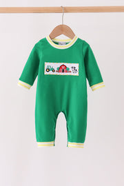 Green Farm Cow Embroidery Romper