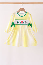 Green Farm Cow Embroidery Stripe Dress