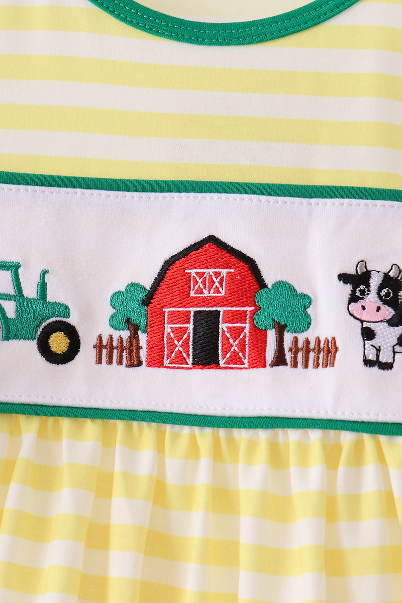 Green Farm Cow Embroidery Stripe Dress