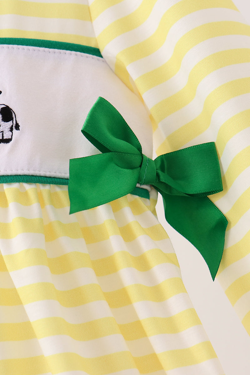 Green Farm Cow Embroidery Stripe Dress