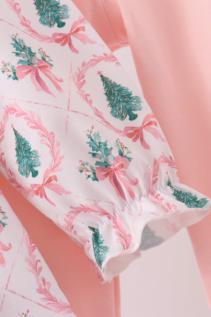 Pink Christmas Tree Embroidery Ruffle Pants Set