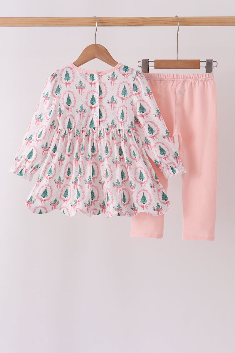 Pink Christmas Tree Embroidery Ruffle Pants Set