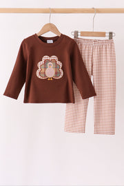 Brown Turkey Applique Gingham Pants Set