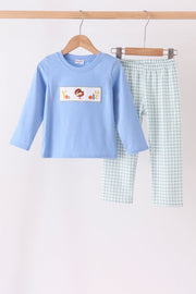 Sage Turkey Embroidery Gingham Pants Set