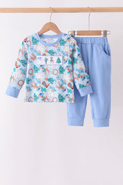 Blue Cowboy Santa Embroidery Pants Set