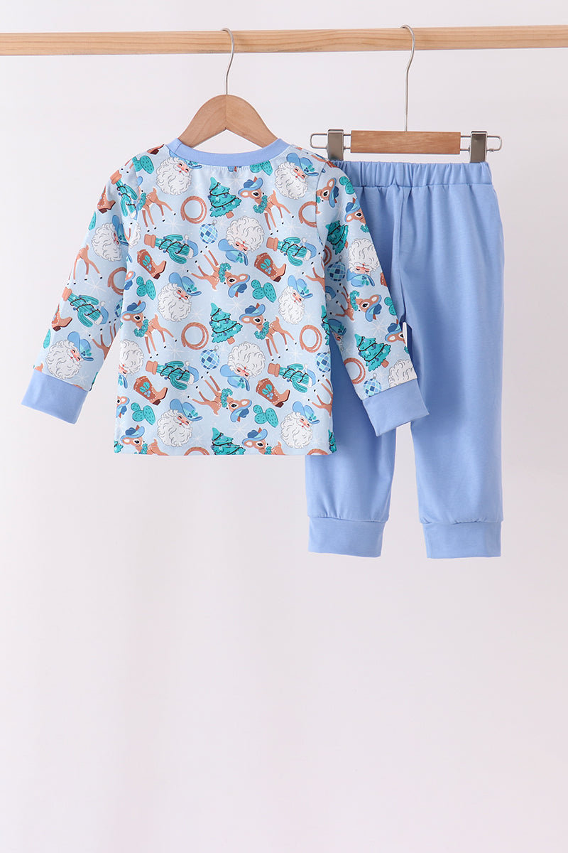Blue Cowboy Santa Embroidery Pants Set