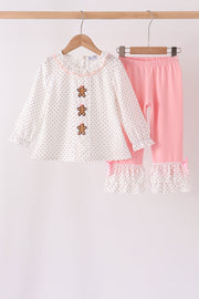 Pink Gingerbread Embroidery Ruffle Pants Set