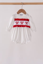 White Candy Cane Smocked Polka Dot Bubble