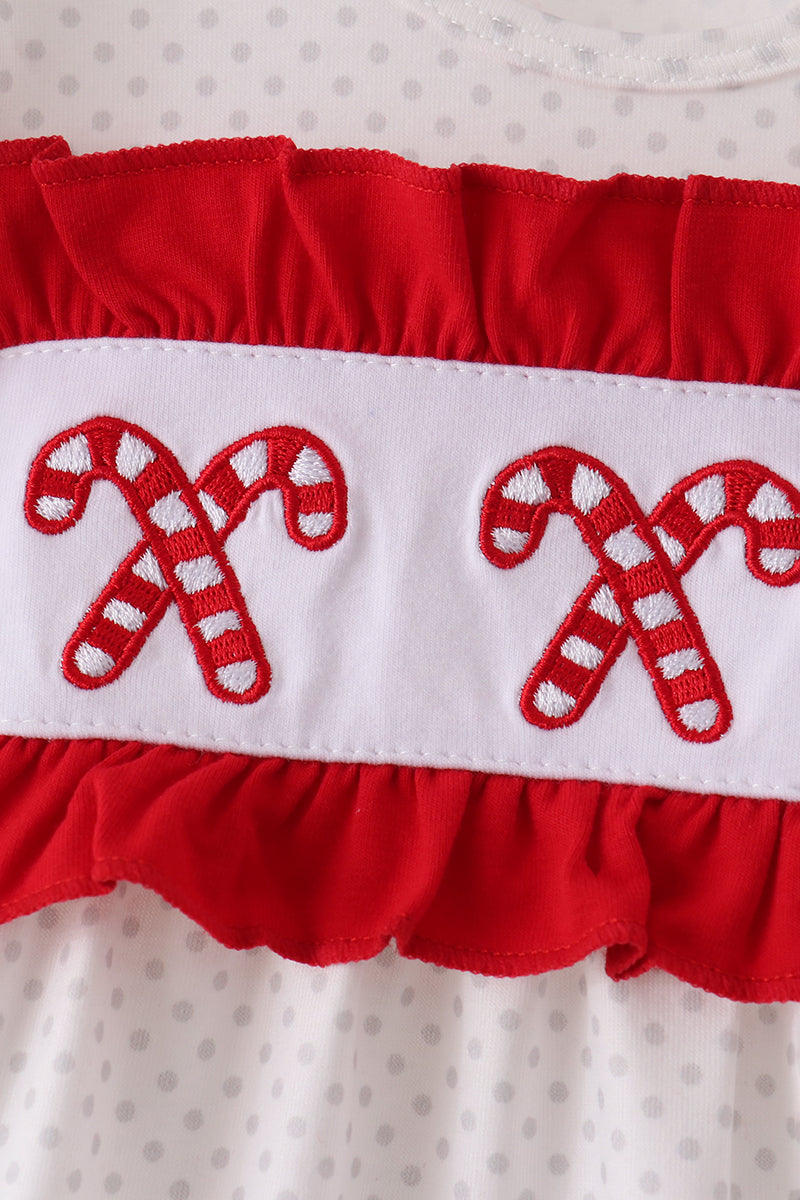 White Candy Cane Smocked Polka Dot Bubble