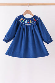 Blue Corduroy Nativity Embroidery Dress