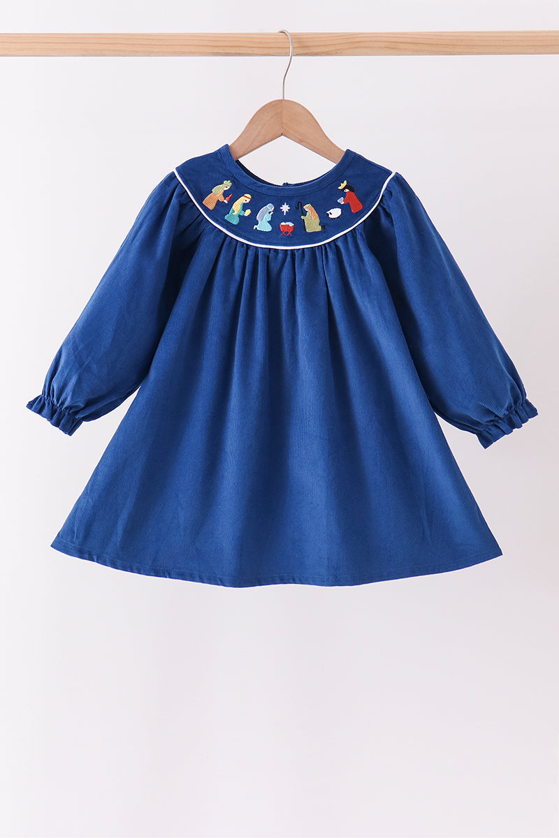 Blue Corduroy Nativity Embroidery Dress
