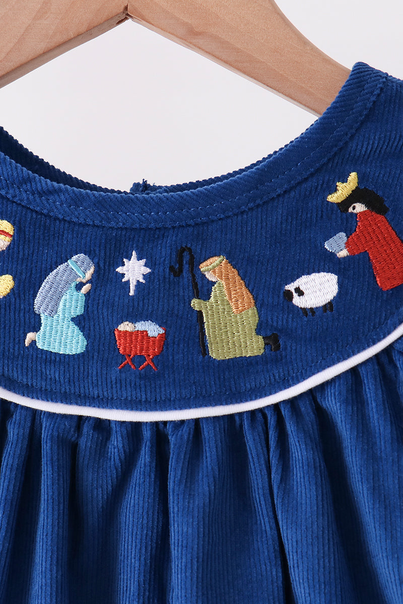 Blue Corduroy Nativity Embroidery Dress
