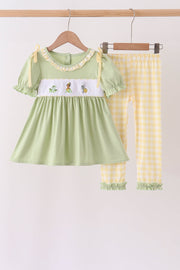 Green Princess Frog Embroidery Ruffle Pants Set