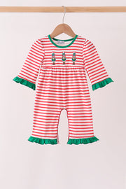 Red Nutcracker Embroidery Ruffle Stripe Romper