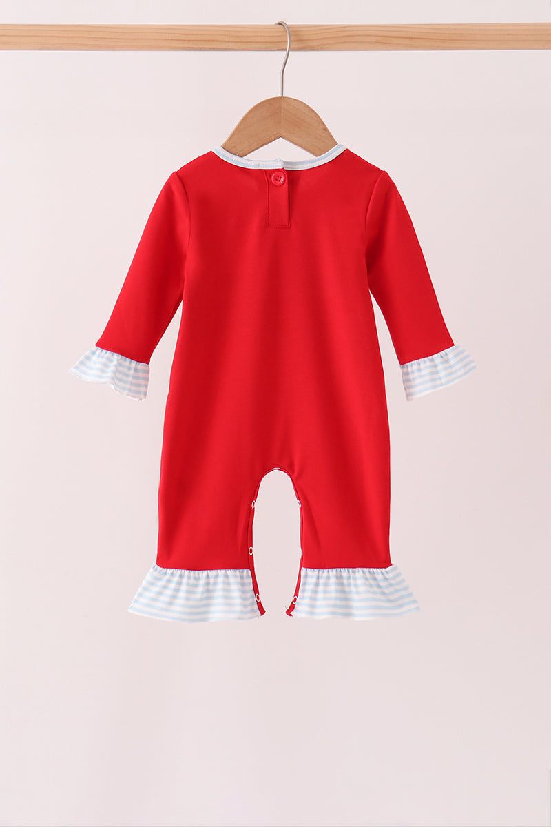 Red Reindeer French Knot Ruffle Romper