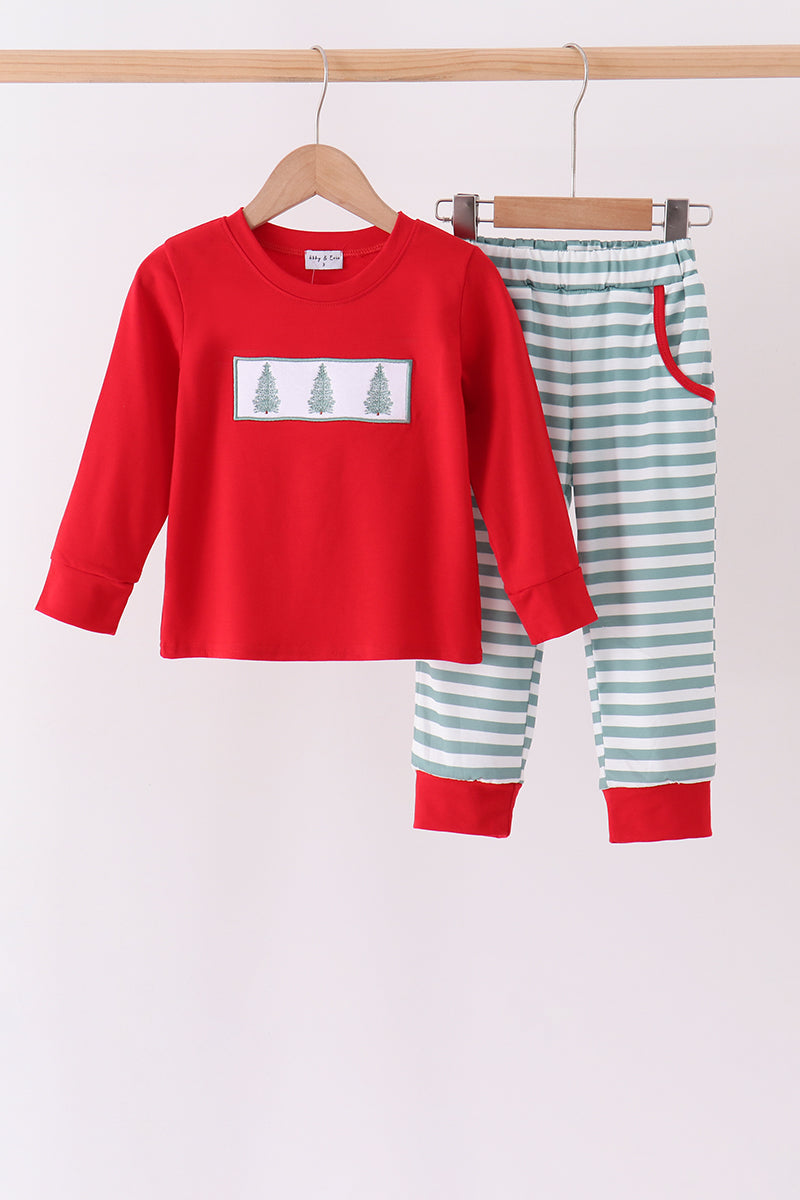 Red Christmas Tree Embroidery Stripe Pants Set