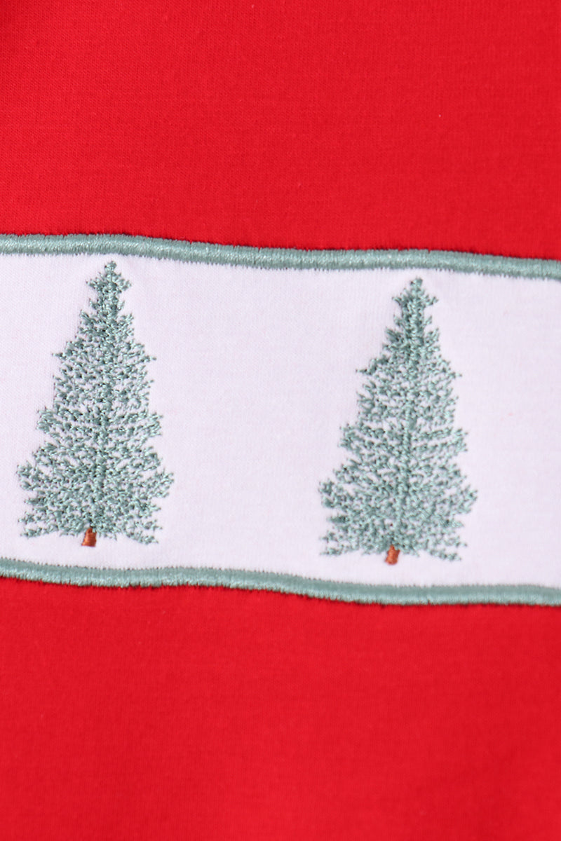Red Christmas Tree Embroidery Stripe Pants Set