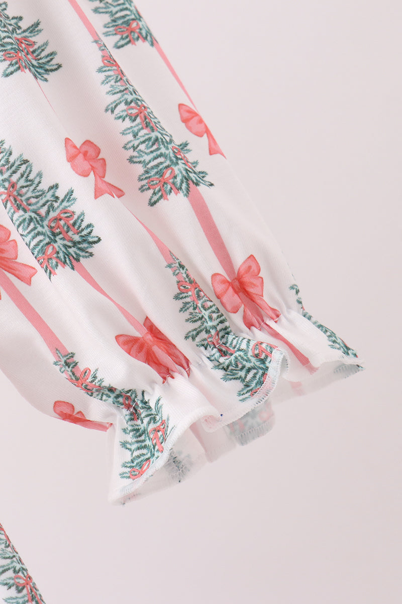 Pink Christmas Tree Embroidery Ruffle Dress