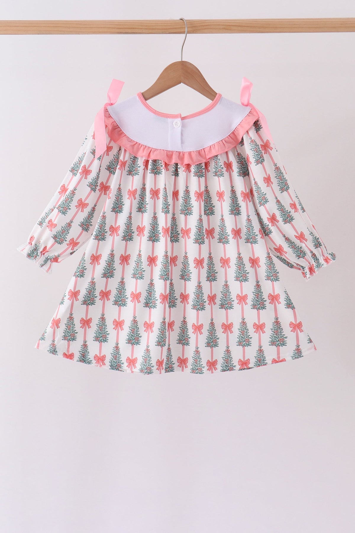 Pink Christmas Tree Embroidery Ruffle Dress