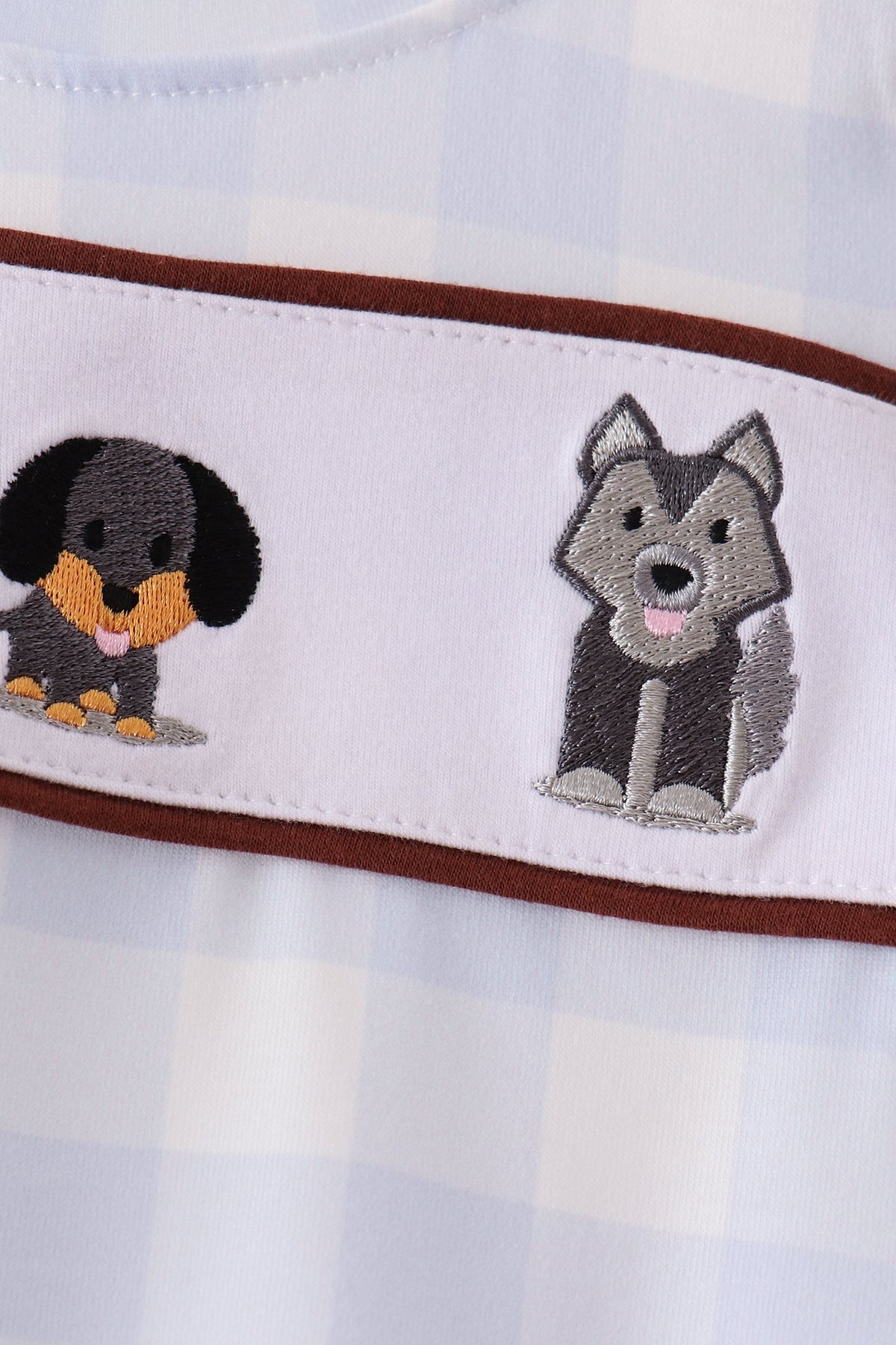Blue Puppy Embroidery Gingham Bubble