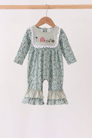 Green Farm Floral Embroidery Ruffle Romper