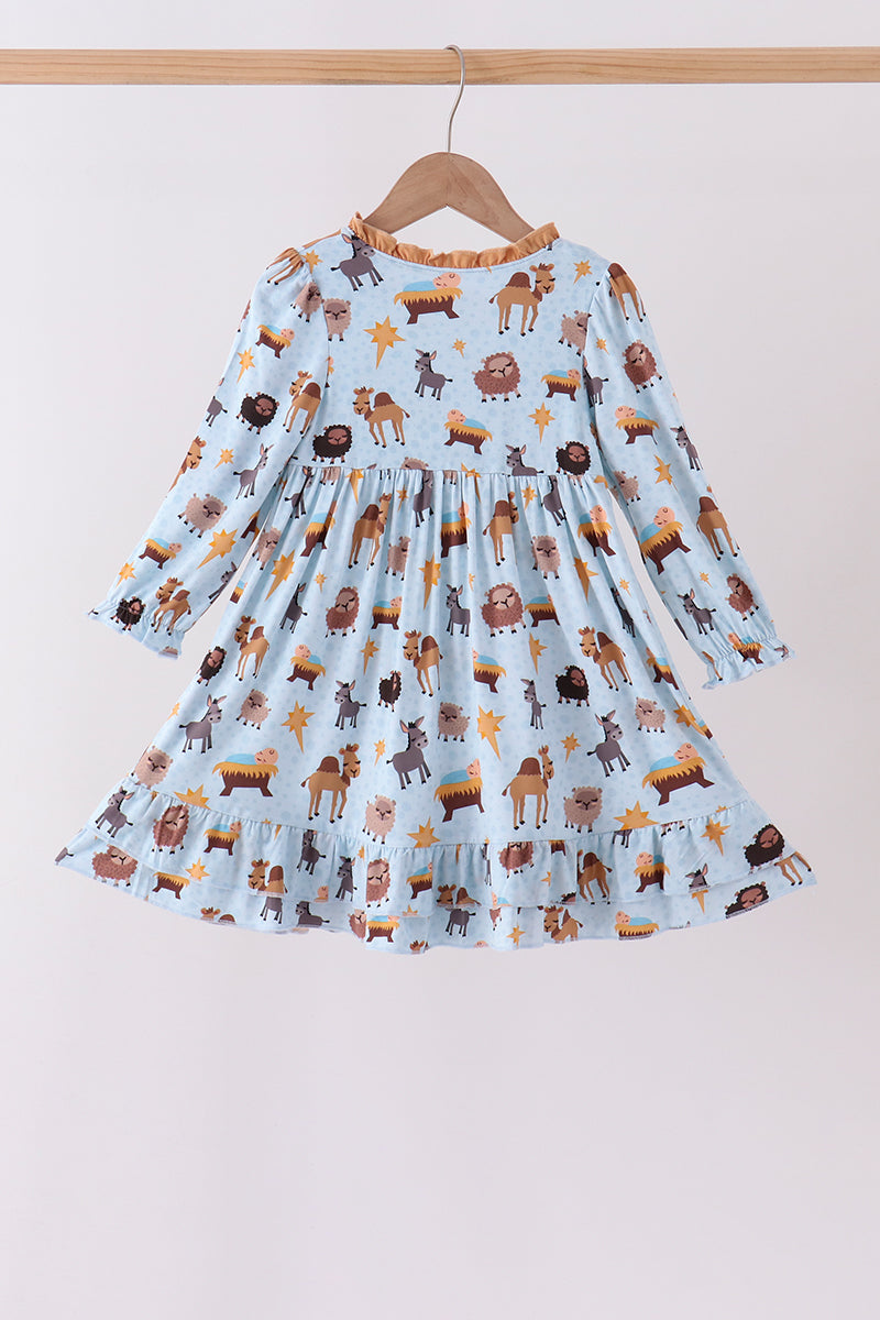 Blue Nativity Ruffle Bamboo Dress
