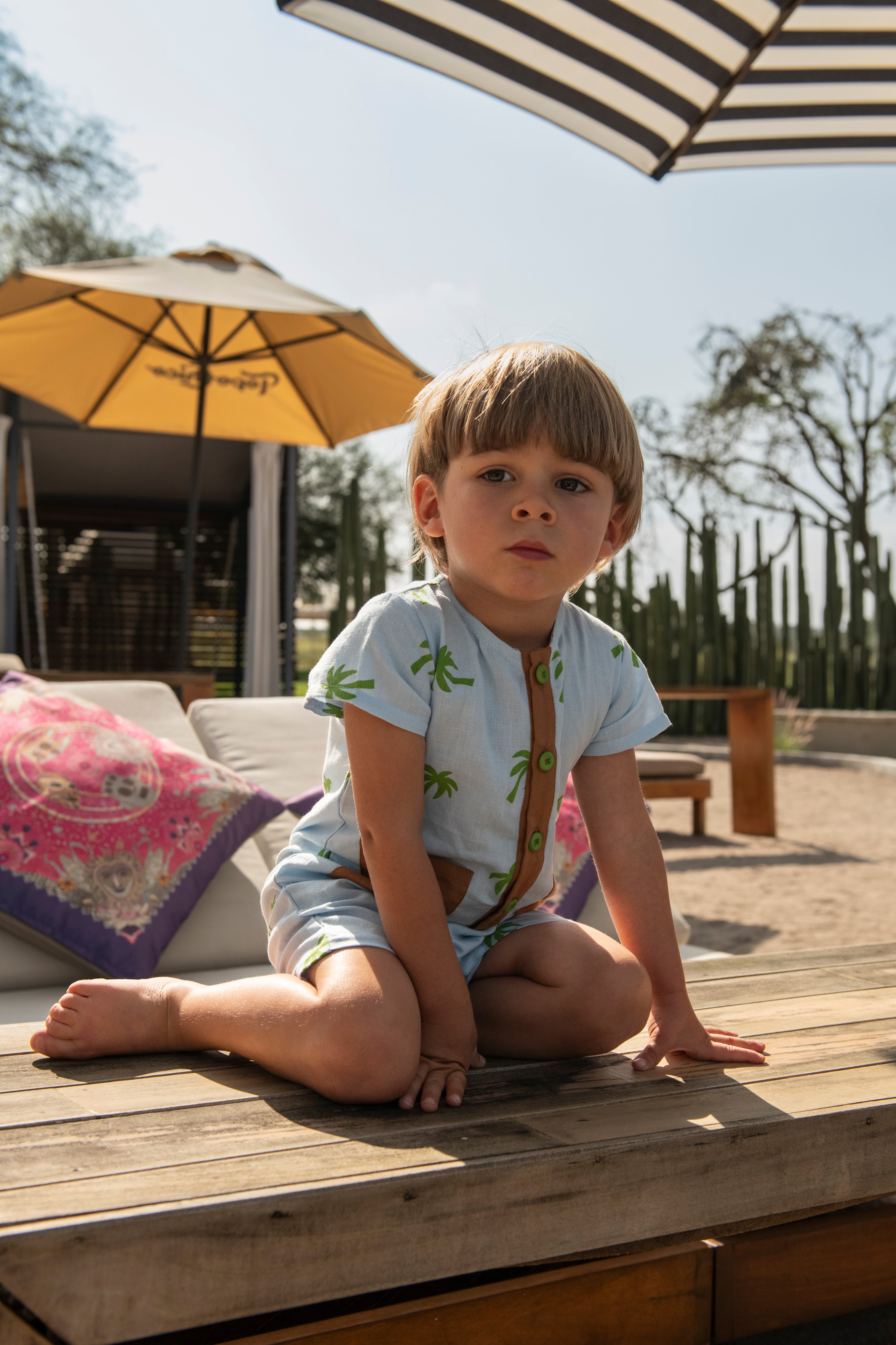 Linen Palm Tree Pocket Baby Romper