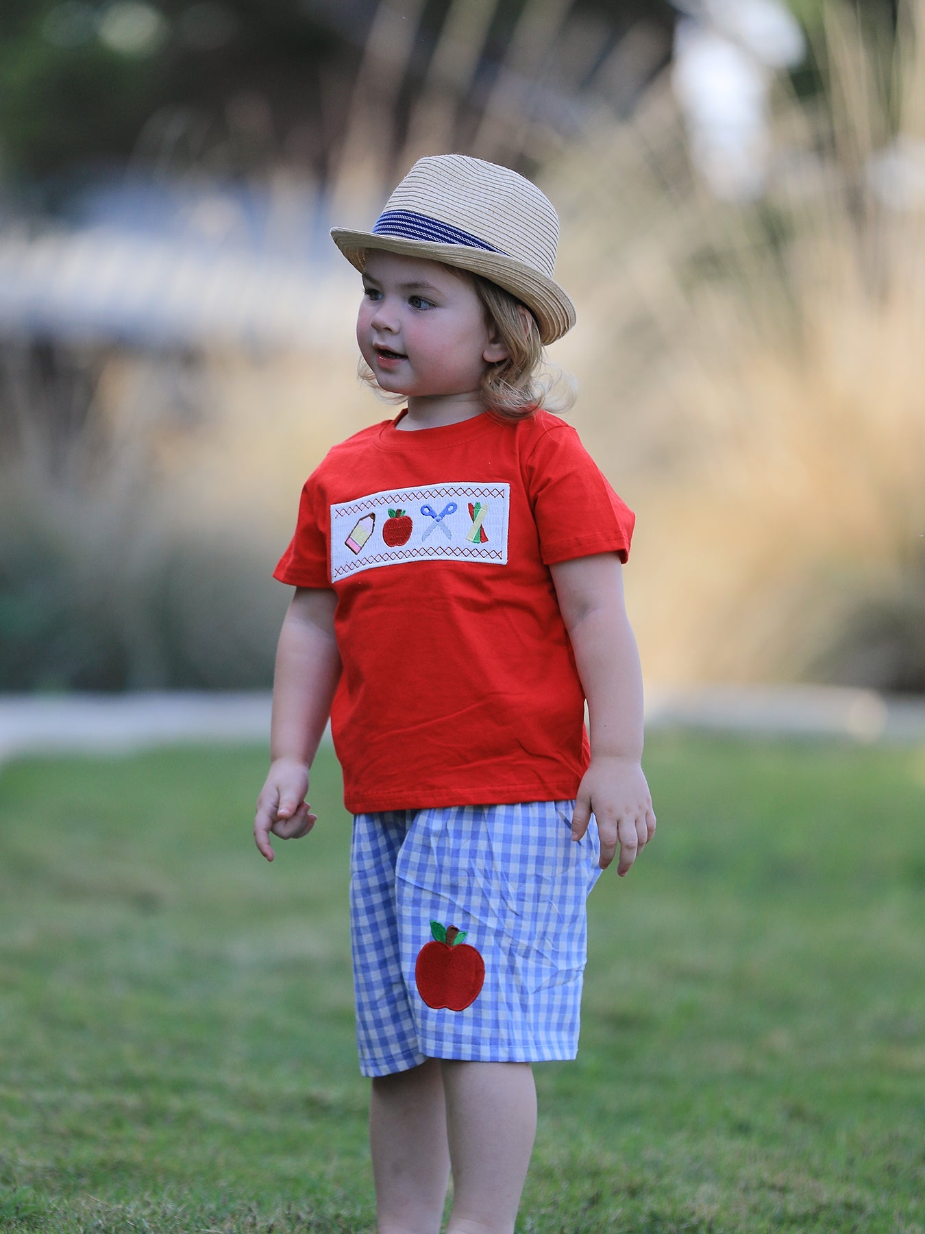 Boys Back To School Pencil Apple Applique Plaid Shorts Set