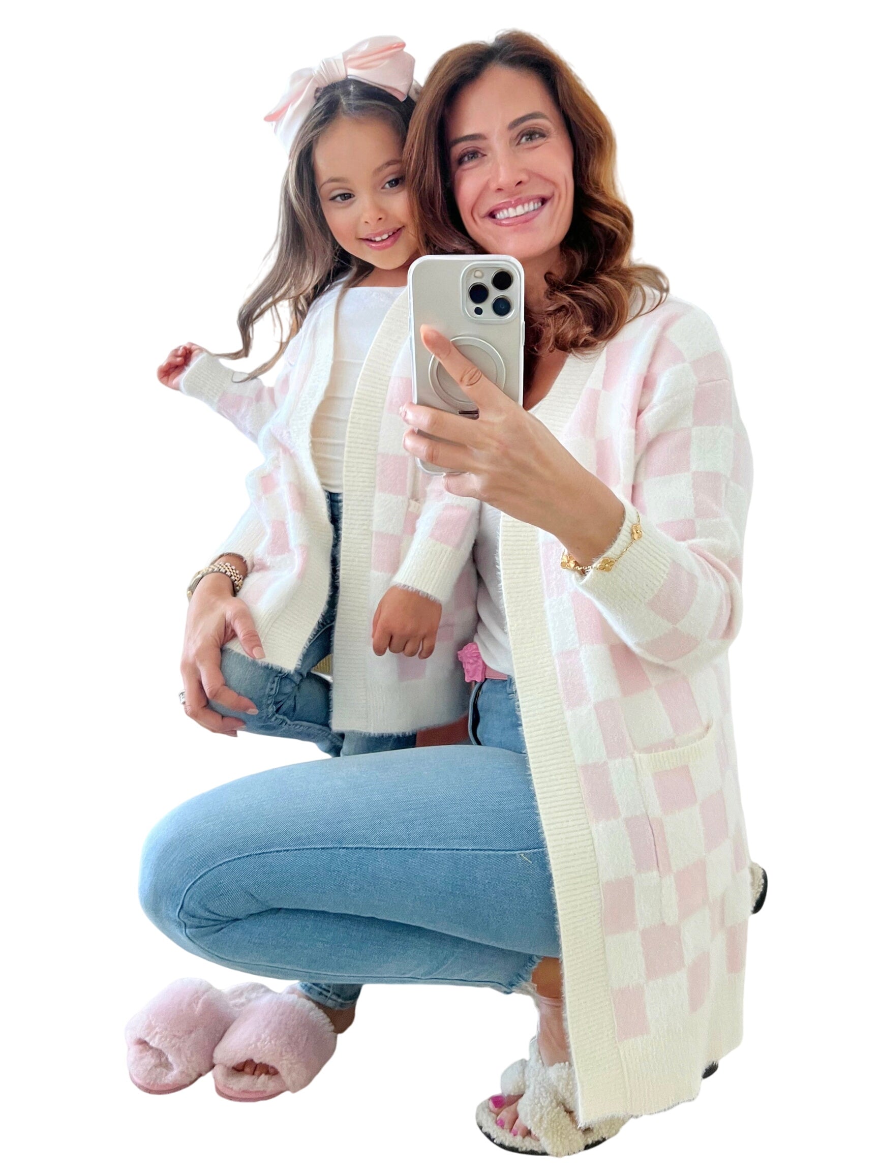 Mommy And Me Checkered Charm Pink Cardigan