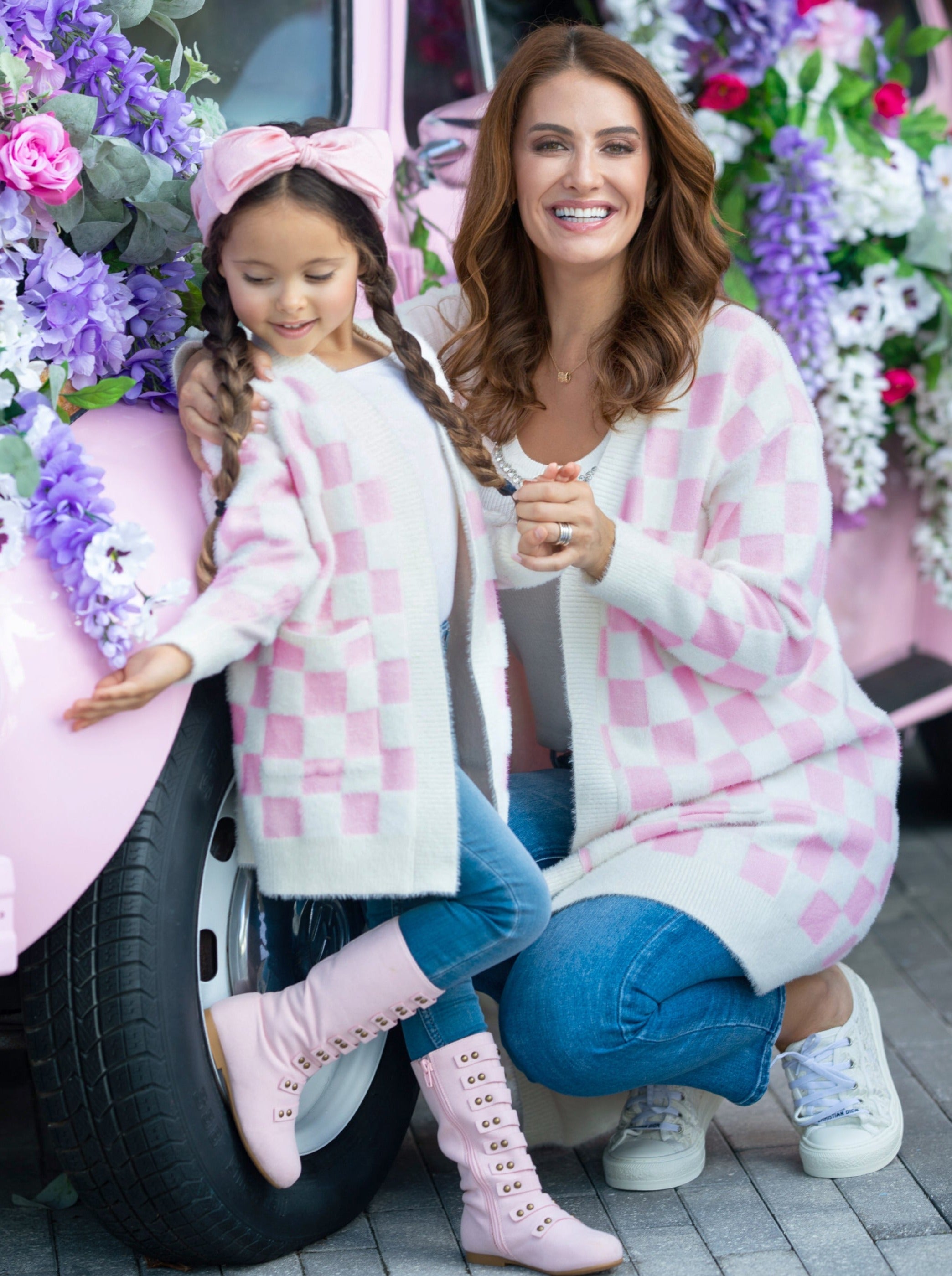 Mommy And Me Checkered Charm Pink Cardigan