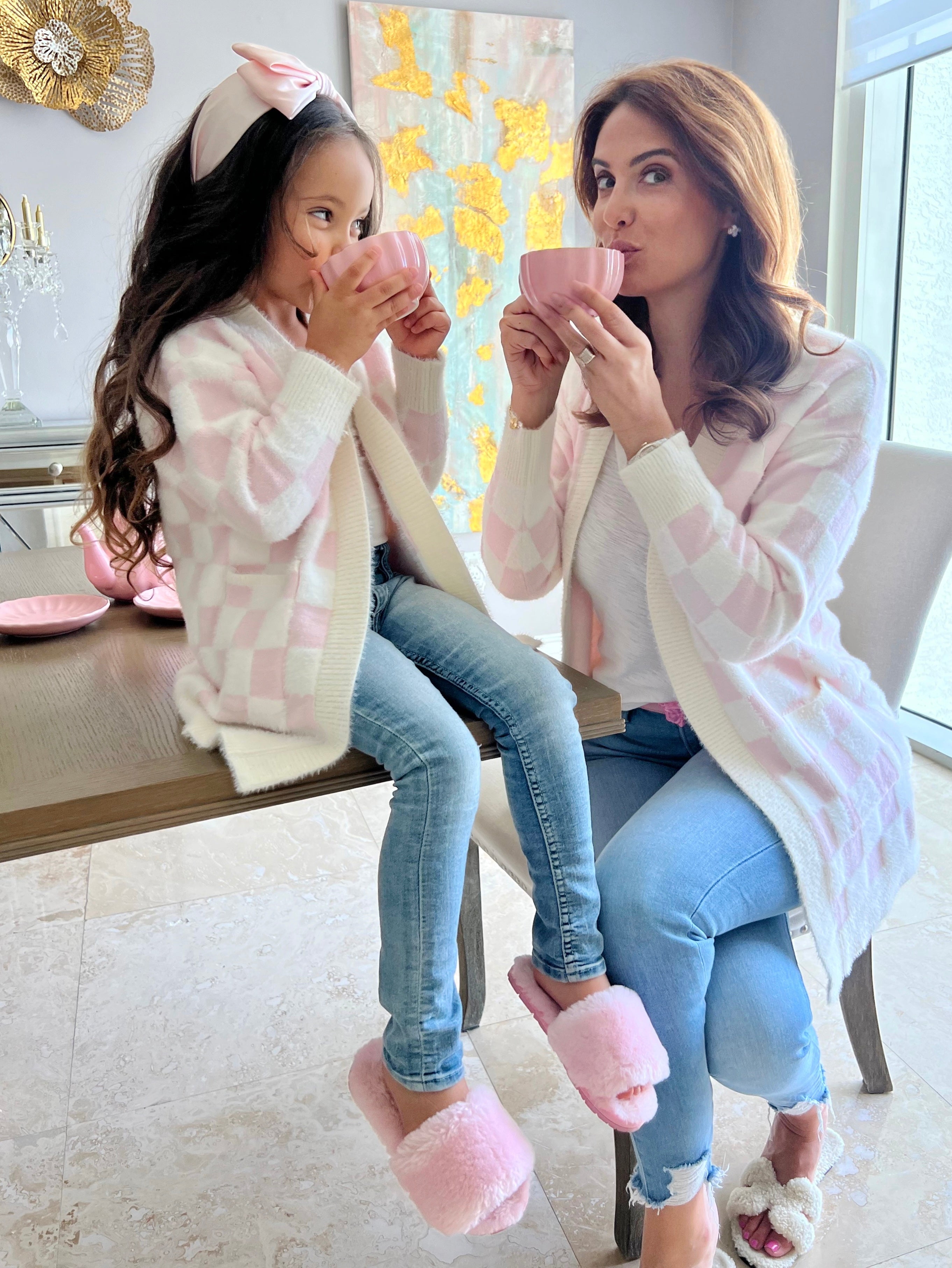 Mommy And Me Checkered Charm Pink Cardigan