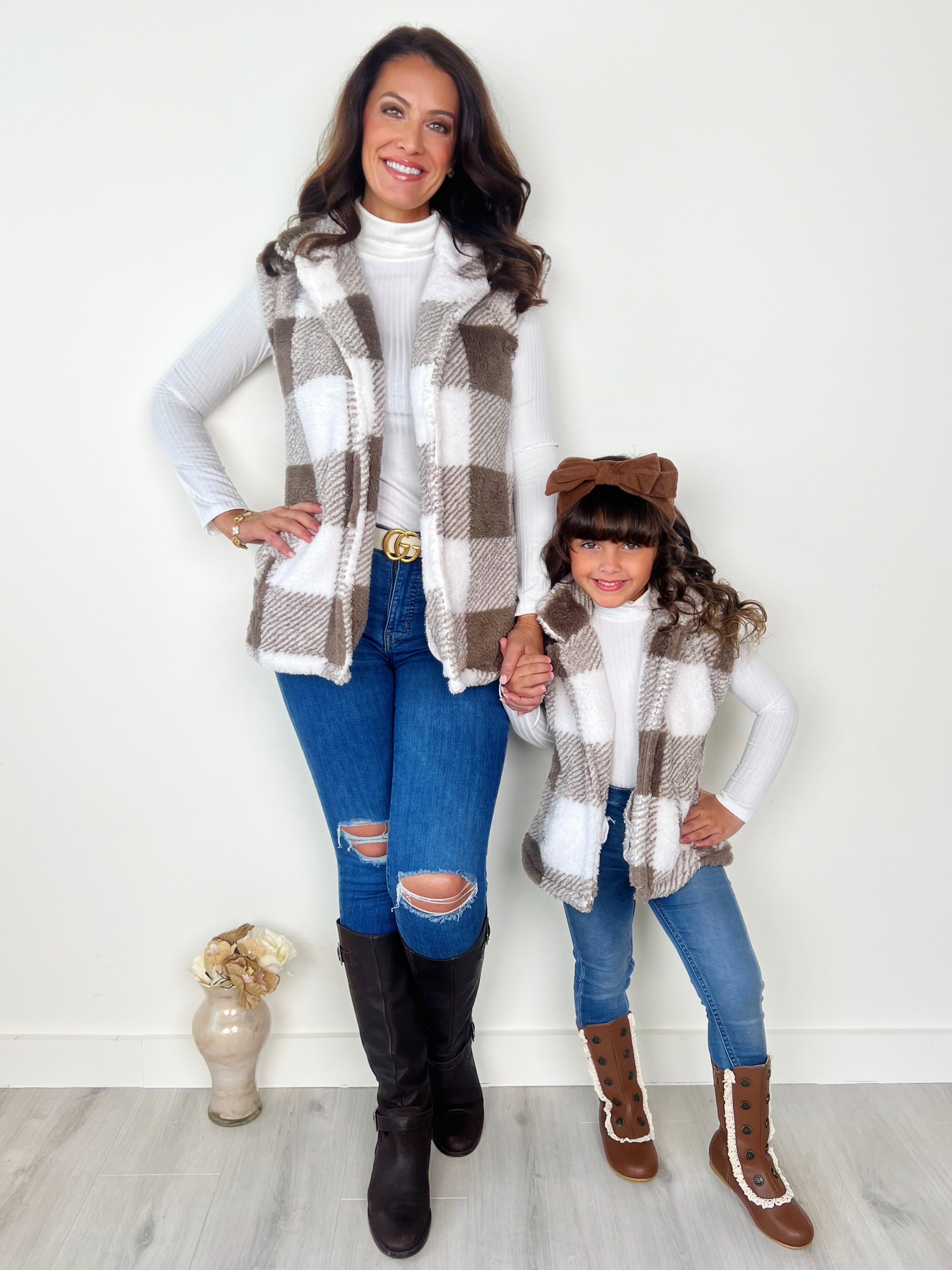 Mommy And Me Cozy Faux Fur Plaid Vest