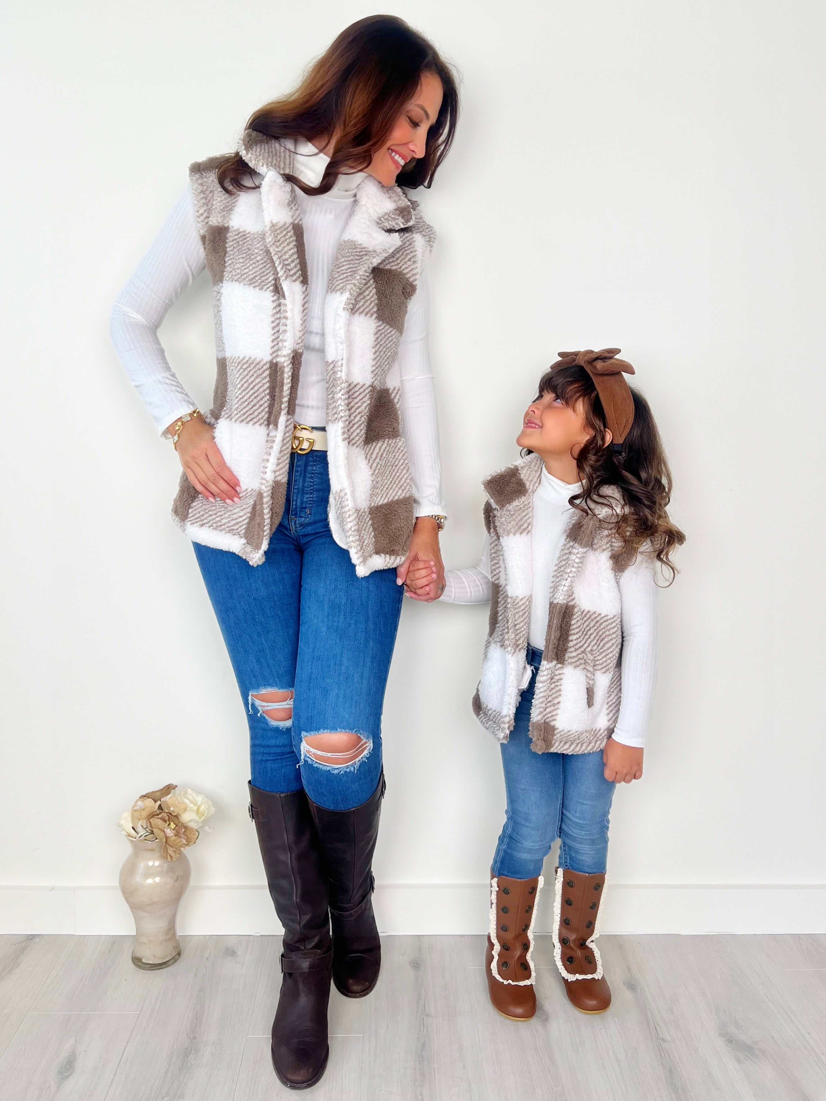 Mommy And Me Cozy Faux Fur Plaid Vest