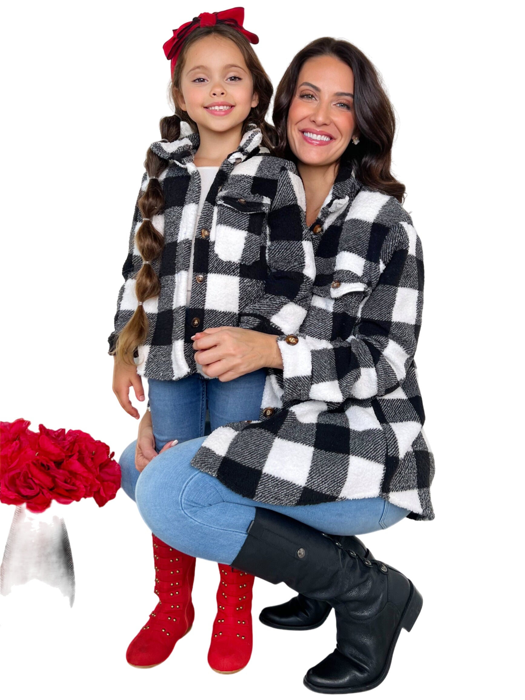 Mommy And Me Black And White Buffalo Plaid Sherpa Shacket