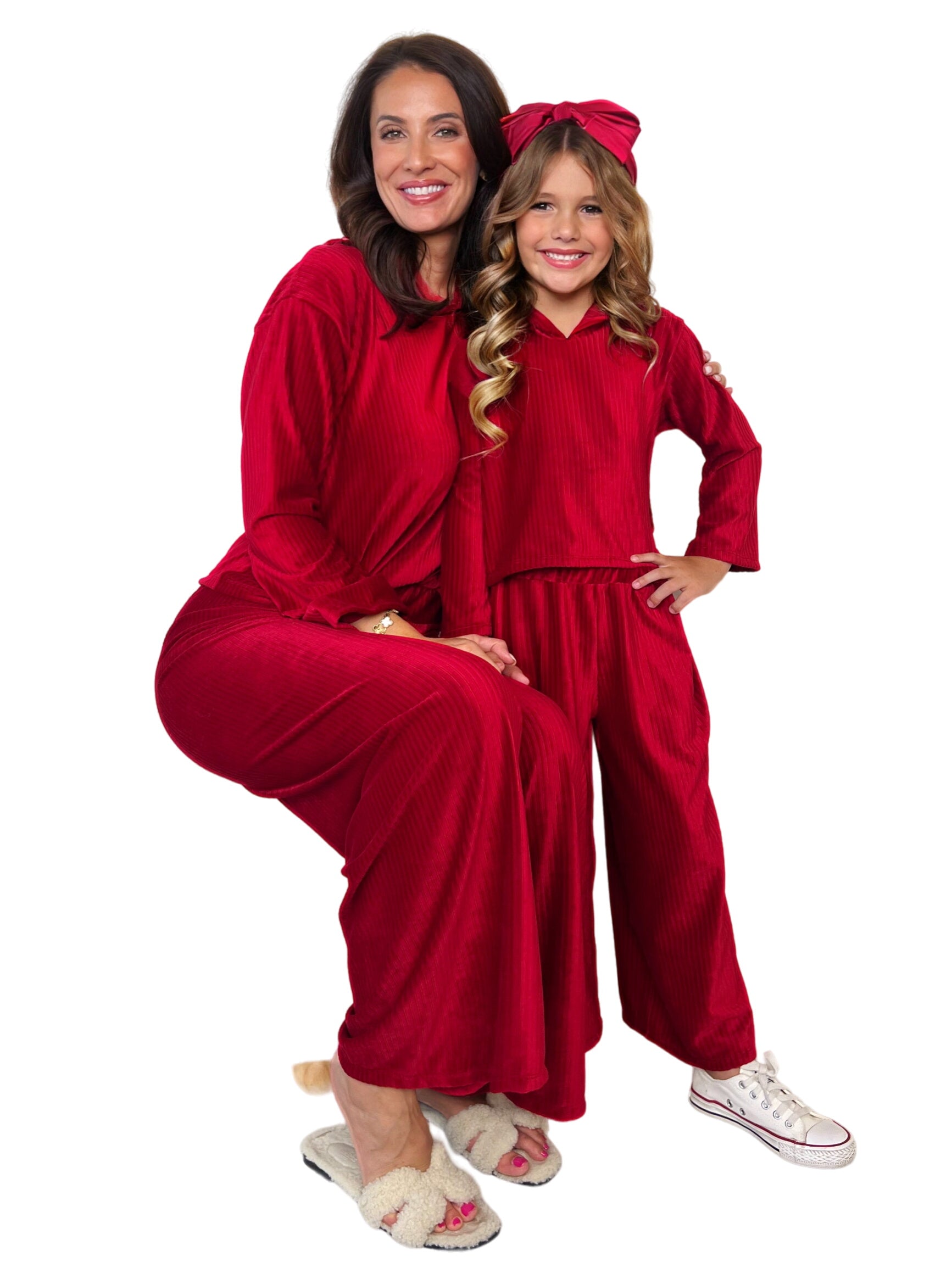 Mommy And Me Cozy Luxe Red Velvet Hooded Pant Set