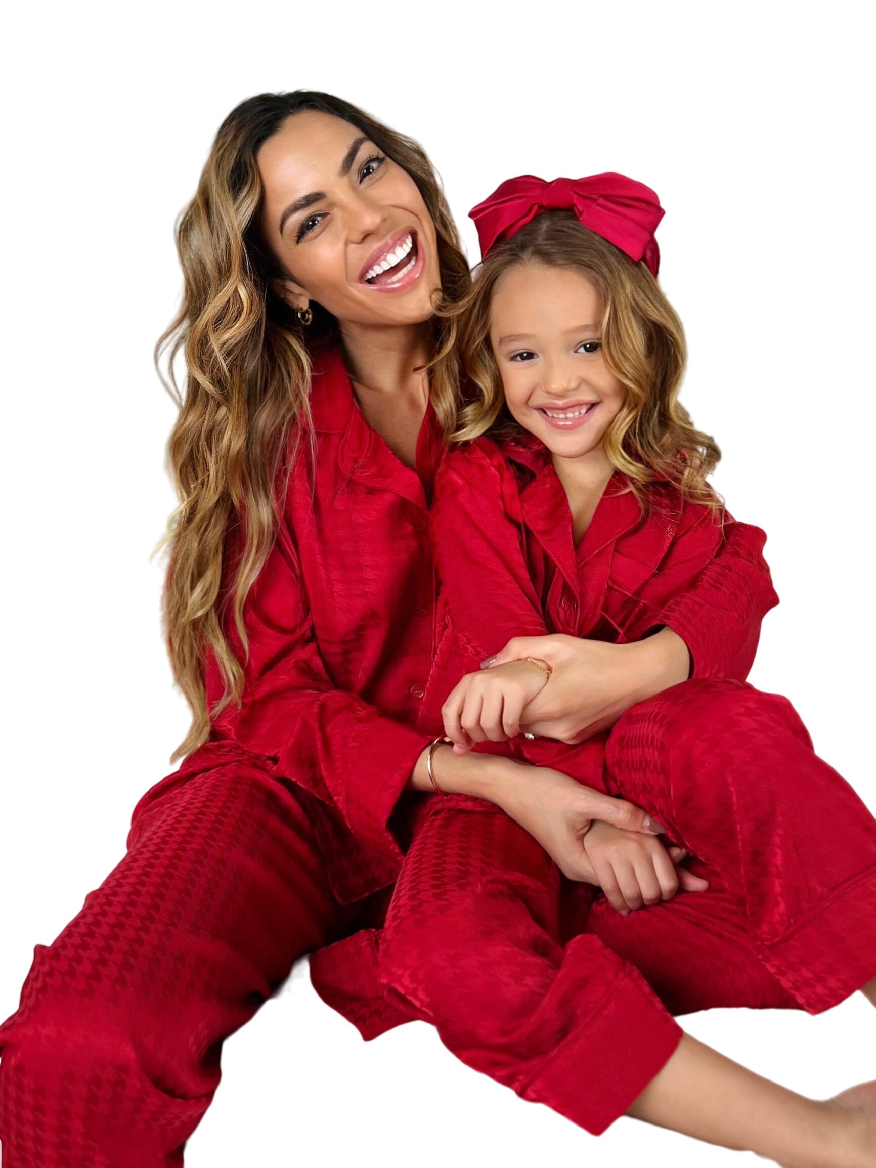 Mommy And Me Red Houndstooth Silk Pajama Set