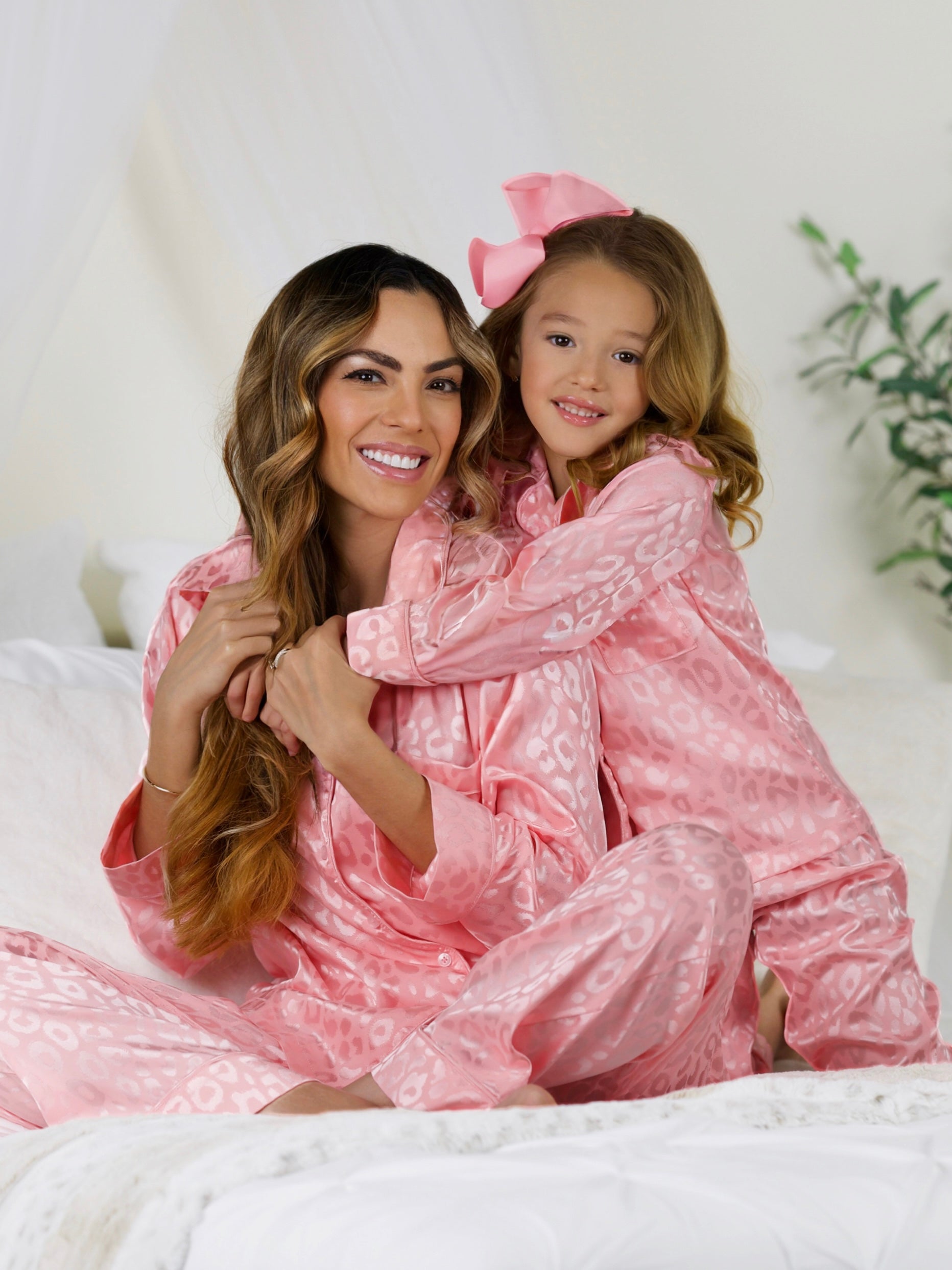 Mommy And Me Pink Leopard Print Silk Pajama Set