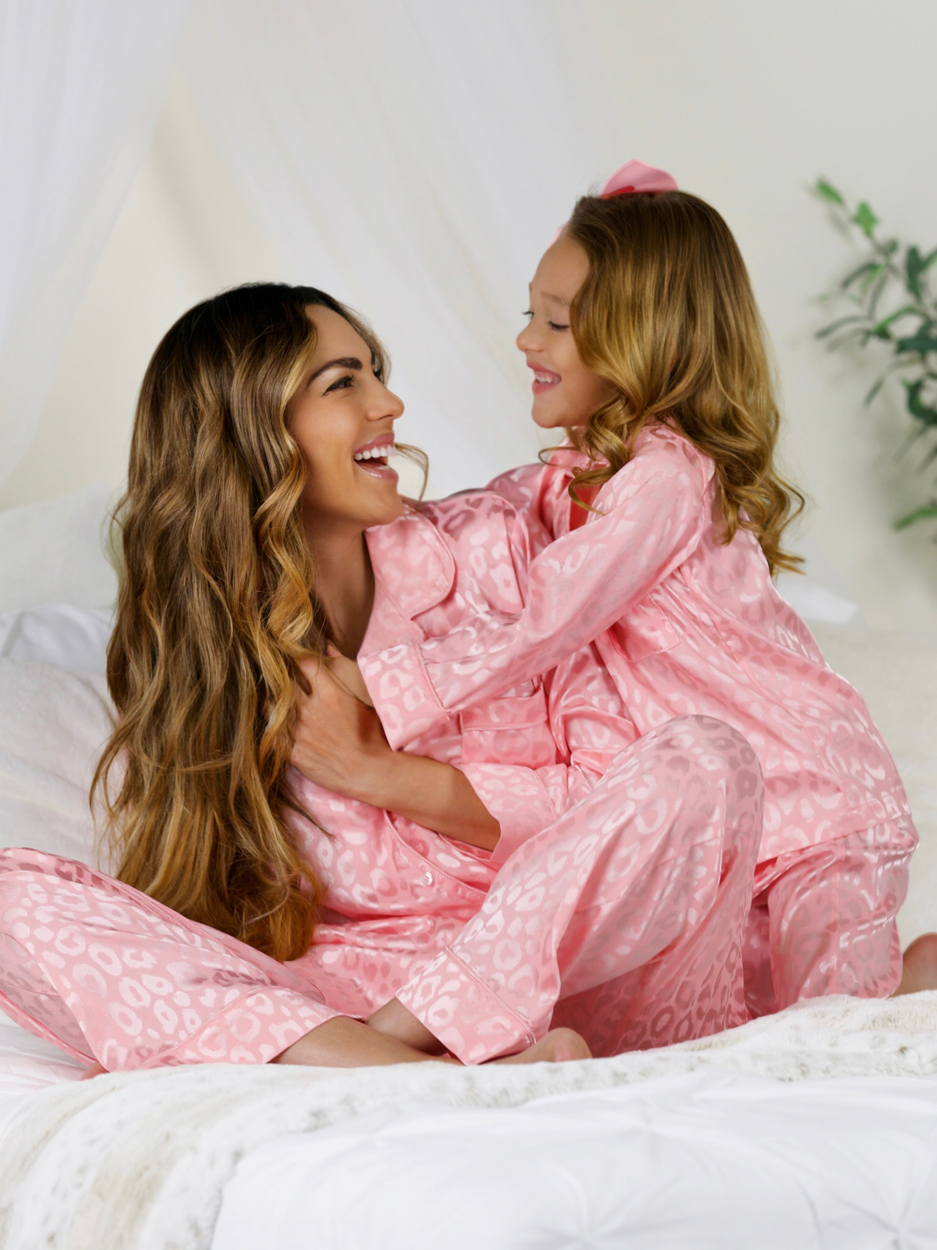 Mommy And Me Pink Leopard Print Silk Pajama Set