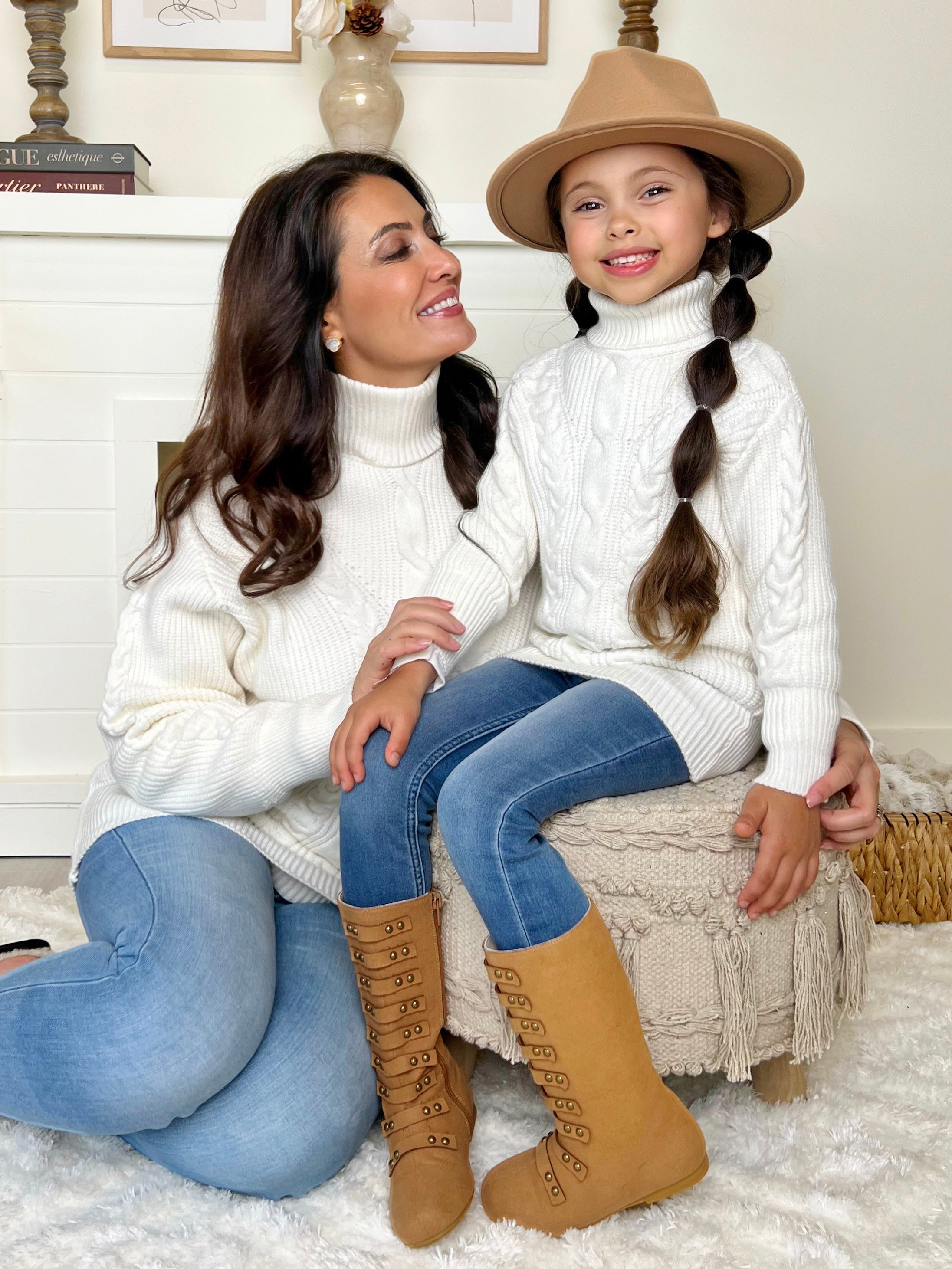 Mommy And Me Cream Oversized Cable Knit Sweater