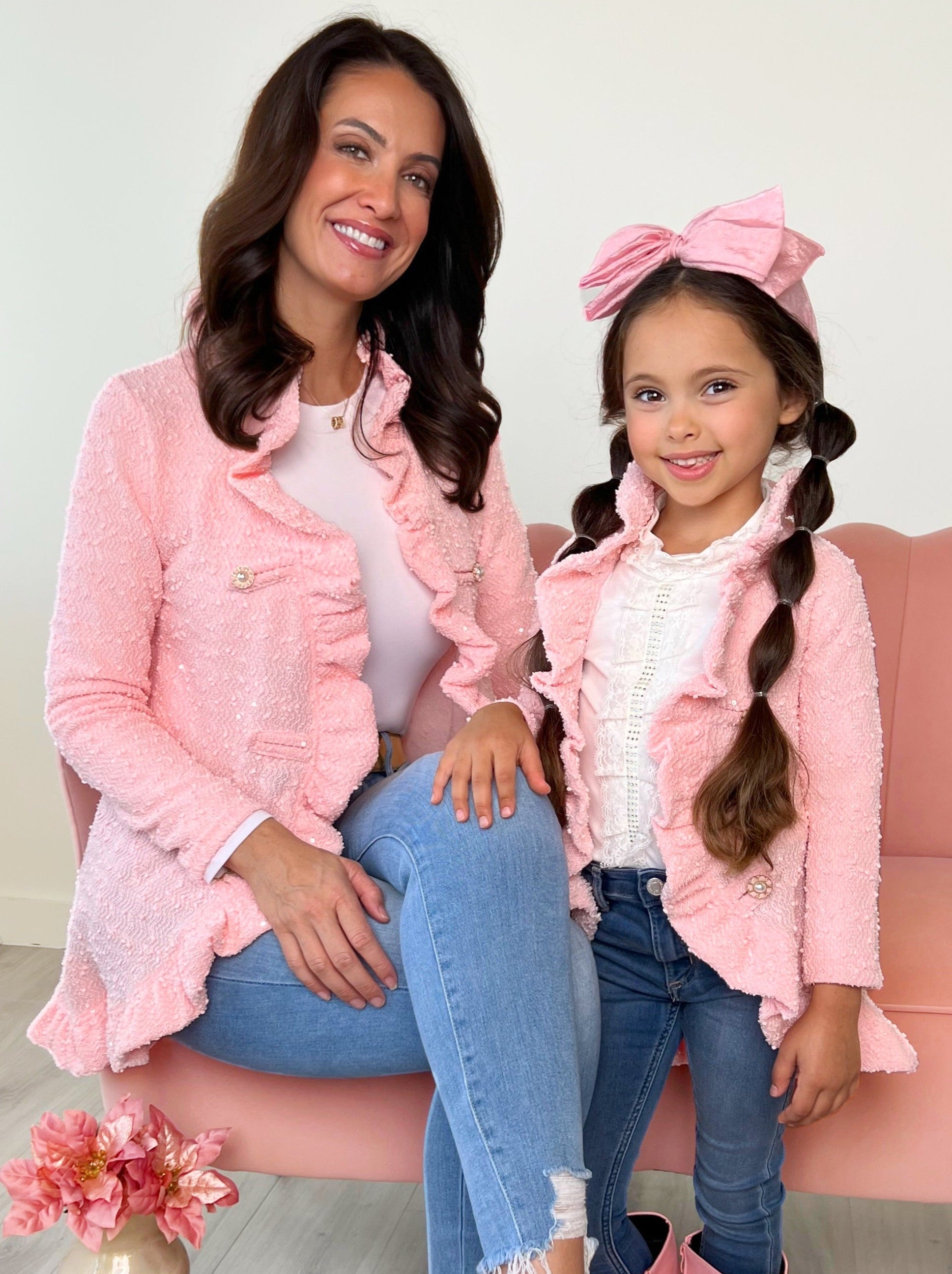 Mommy And Me Classy Duo Pink Blazer Ruffle Cardigan