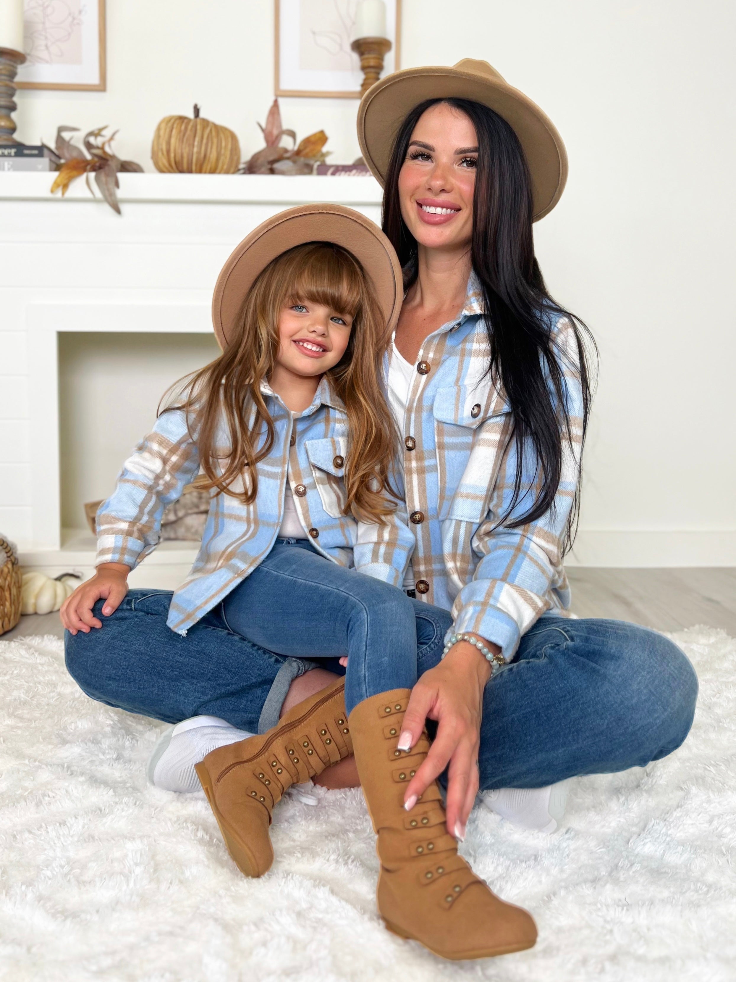 Mommy And Me Blue And Tan Plaid Flannel Shacket