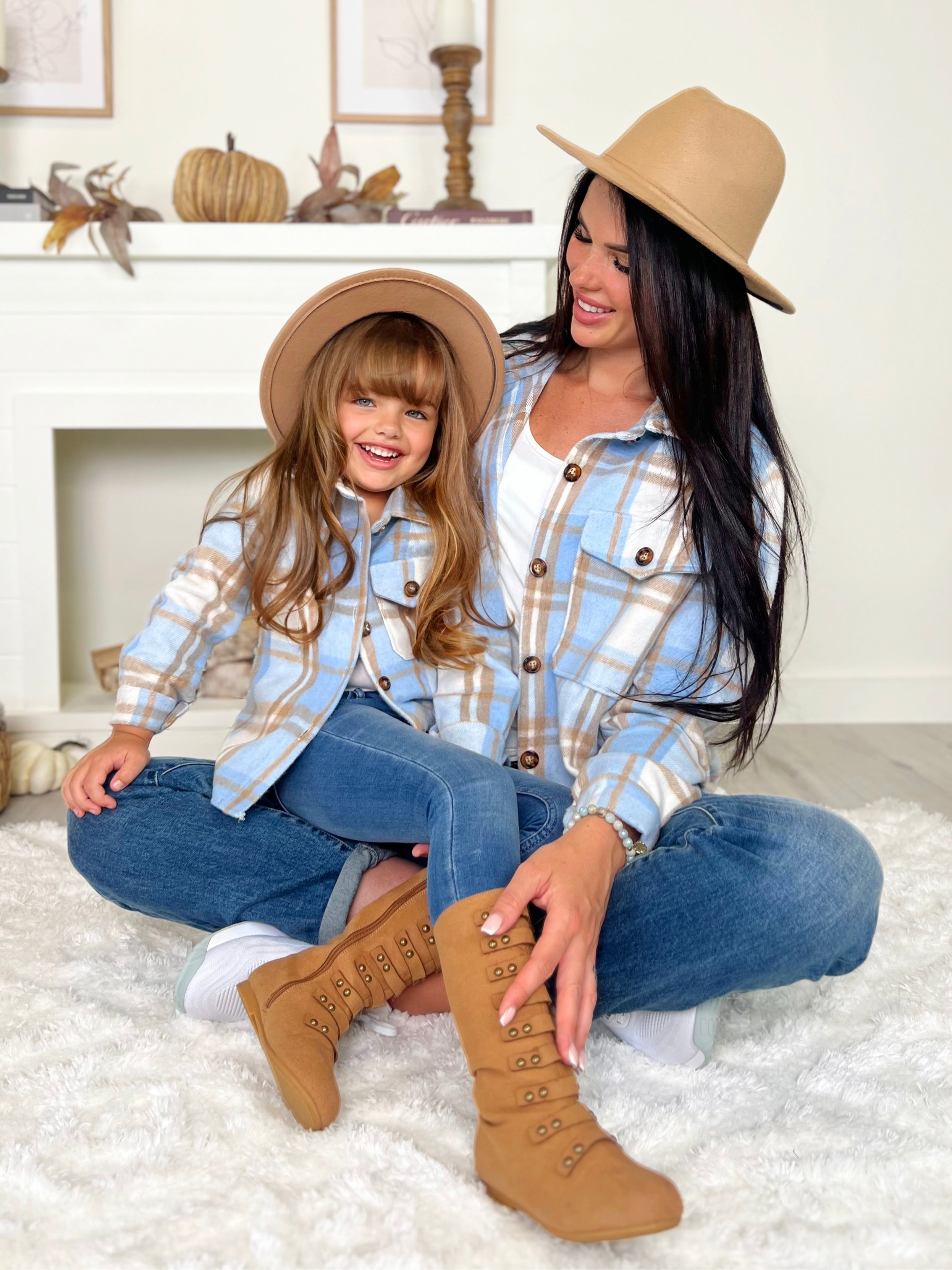 Mommy And Me Blue And Tan Plaid Flannel Shacket