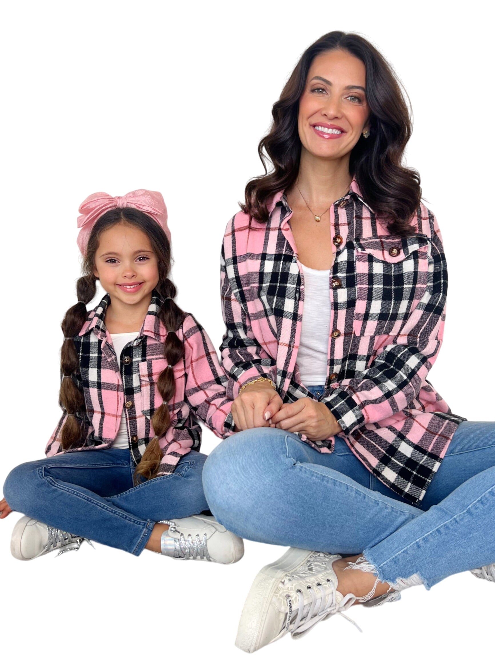 Mommy And Me Pink And Black Plaid Flannel Shacket