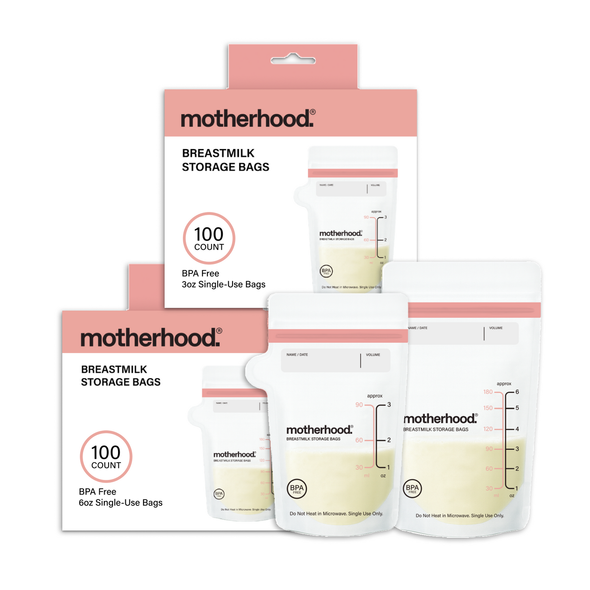 Motherhood Collection Breastmilk Freezer Storage Bags – Safe, Leak-proof & Easy-store Milk Bags (3 Oz & 6 Oz)