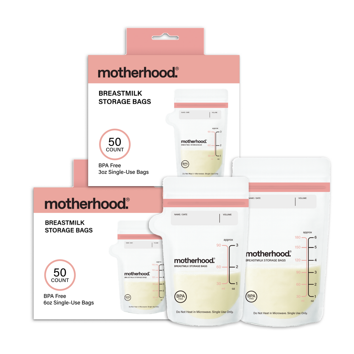 Motherhood Collection Breastmilk Freezer Storage Bags – Safe, Leak-proof & Easy-store Milk Bags (3 Oz & 6 Oz)