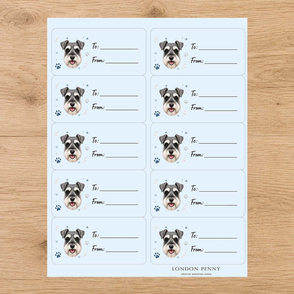 Miniature Schnauzer Pawprint Wishes Gift Tag Sticker Sheet