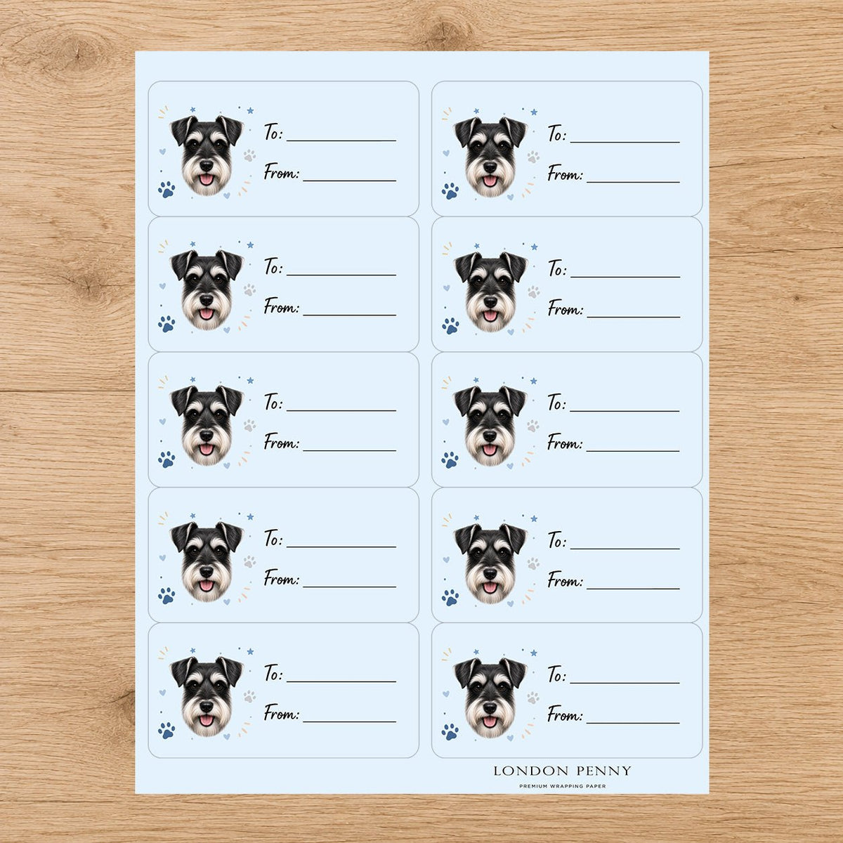 Miniature Schnauzer Pawprint Wishes Gift Tag Sticker Sheet