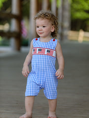 4th Of July Flag Embroidery Smocking Boys Romper