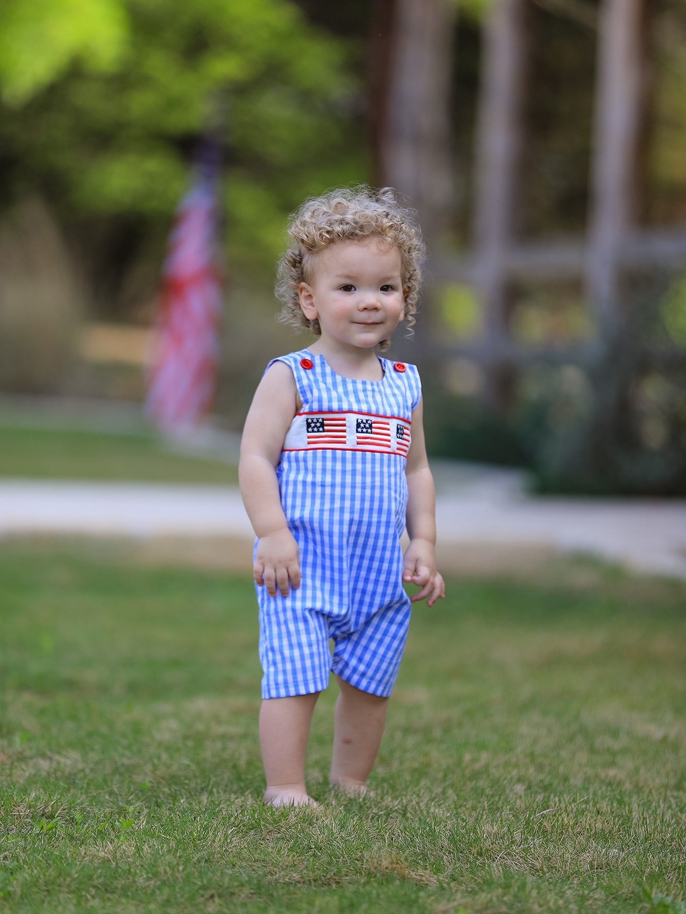 4th Of July Flag Embroidery Smocking Boys Romper